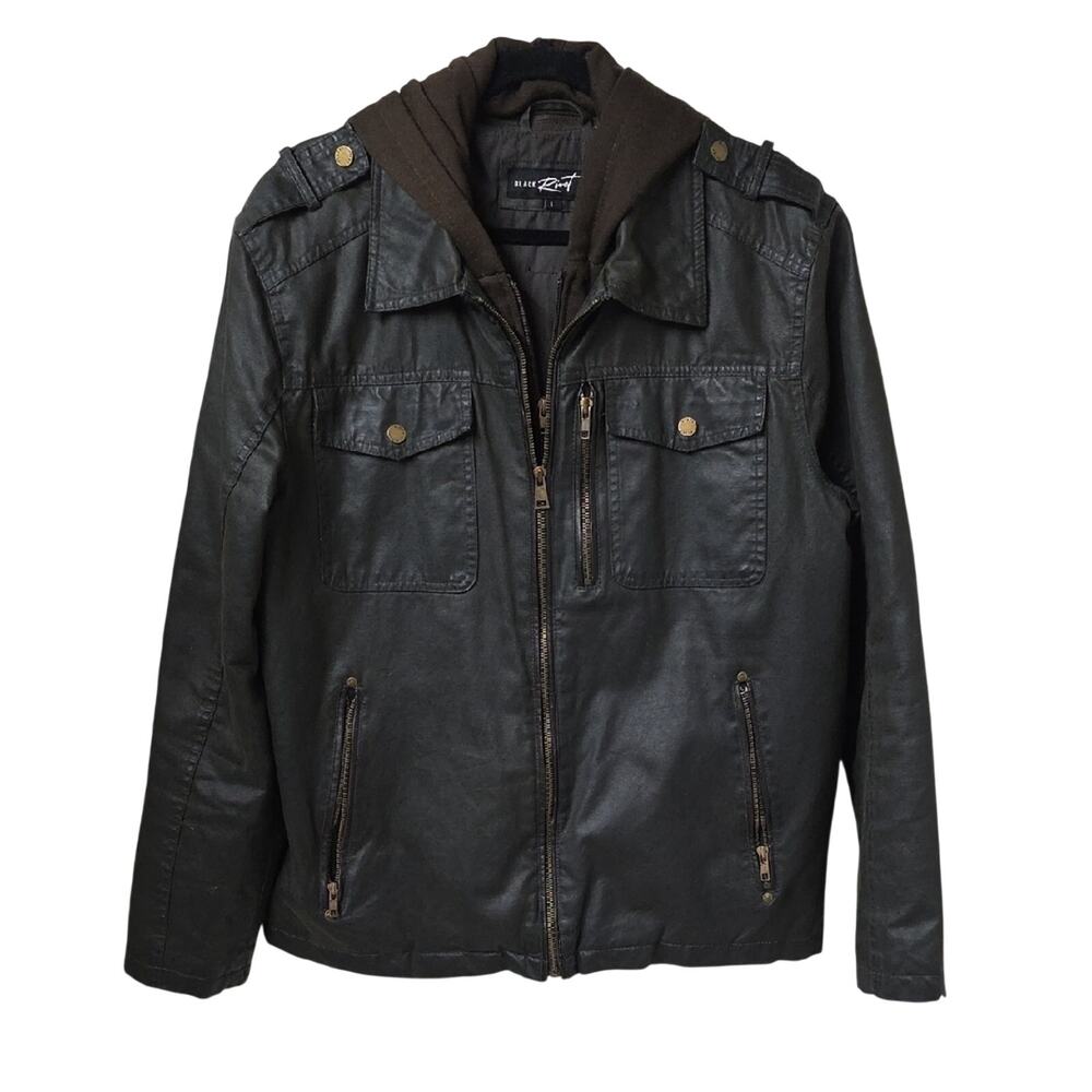 Black Rivet Black Faux Leather Jacket with Removable Fleece Hood Mens Size Large
